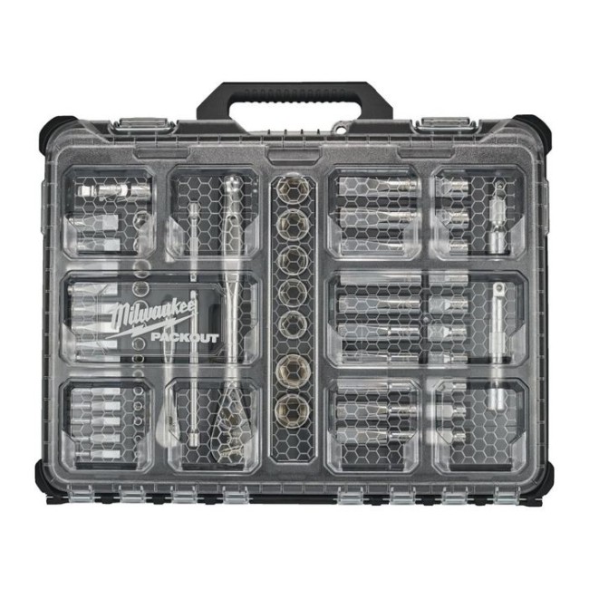 Набор головок 1/2" и 1/4" с воротками с трещоткой 63ед. Milwaukee в органайзере PACKOUT™ RATCHET/SOC